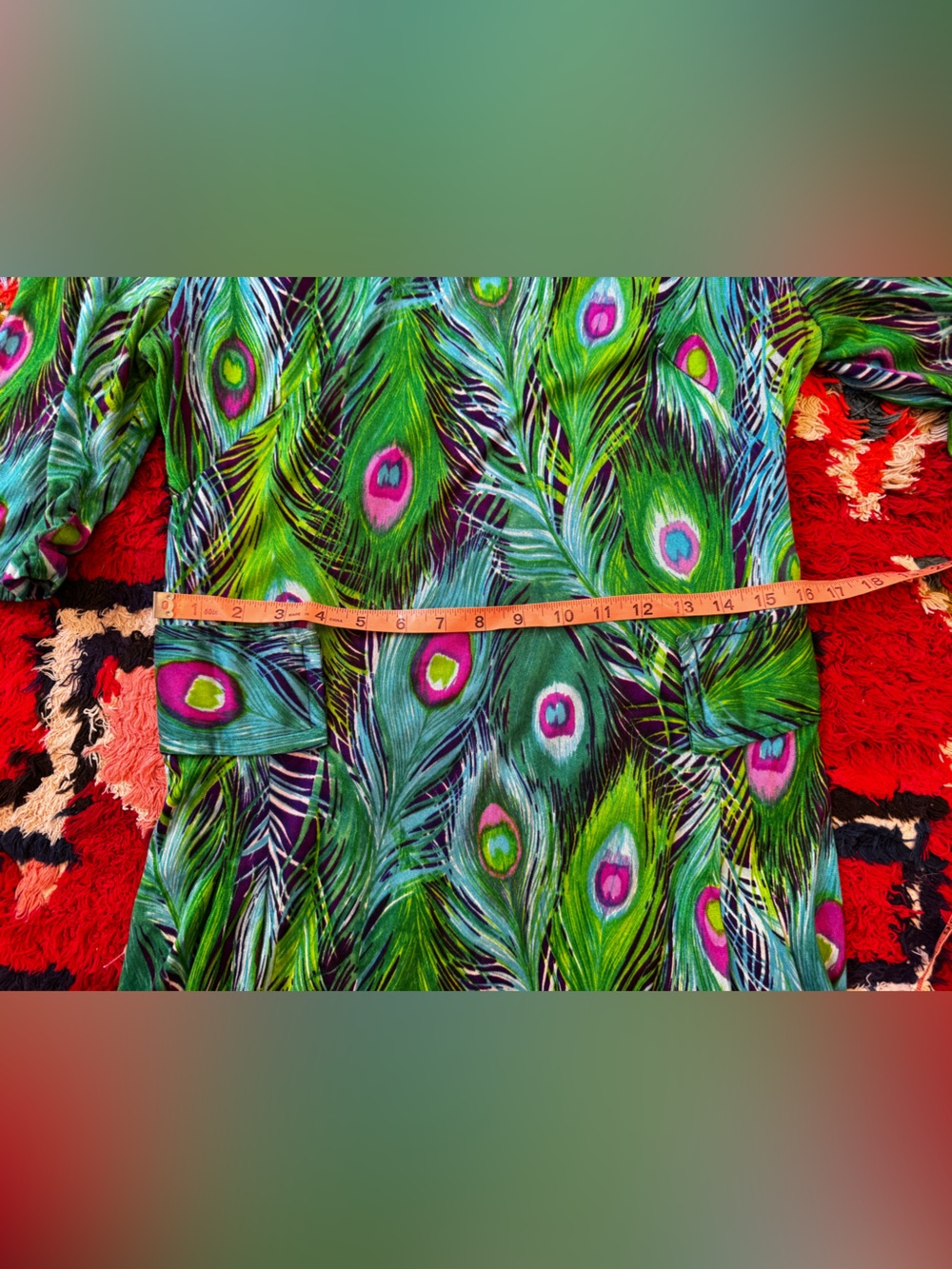 60s Vintage Peacock Print Wiggle Dress Sz L - Picture 5 of 8